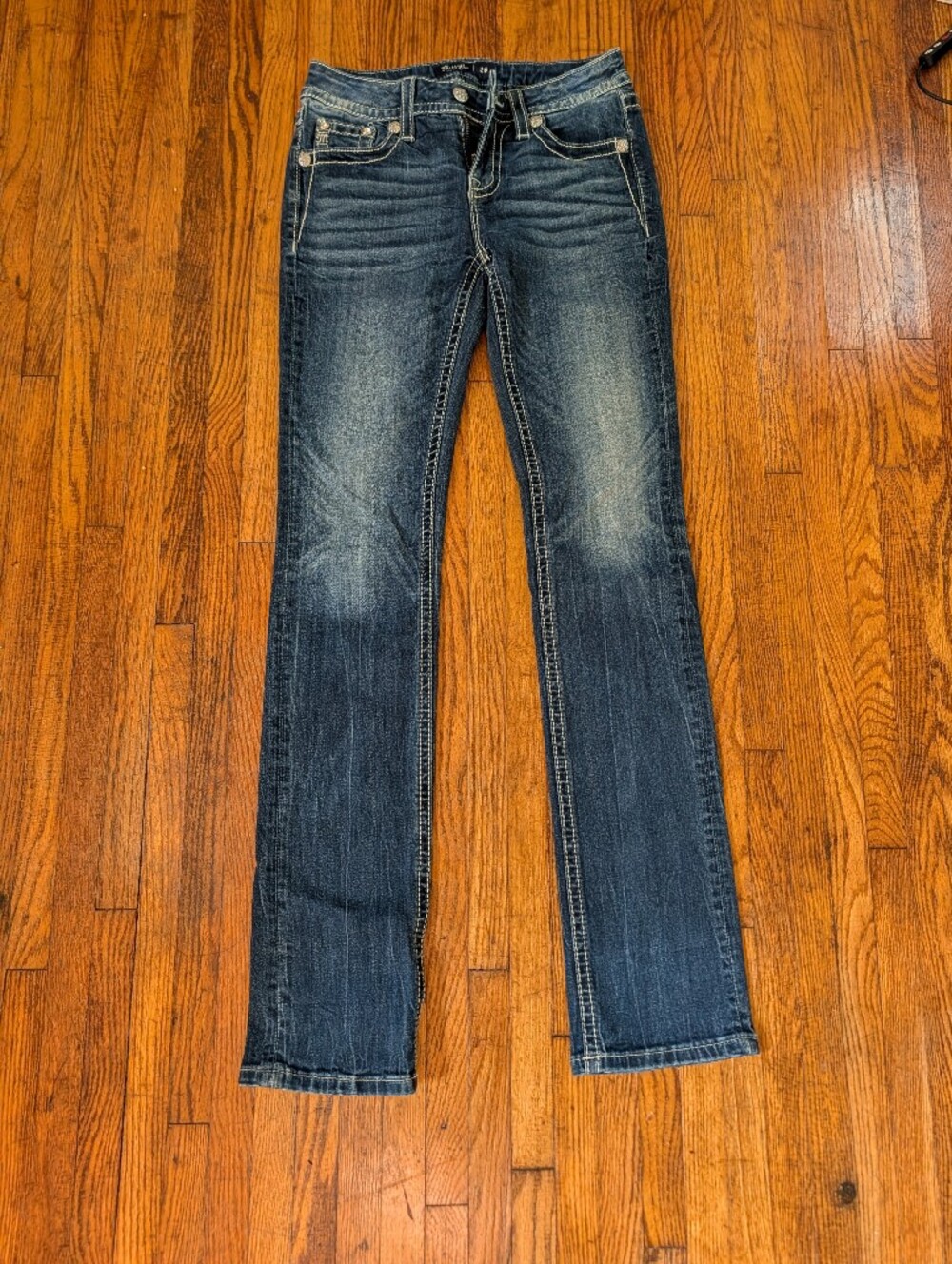 Miss Me Women's Dark Blue Straight Leg Jeans with Faded Detailing